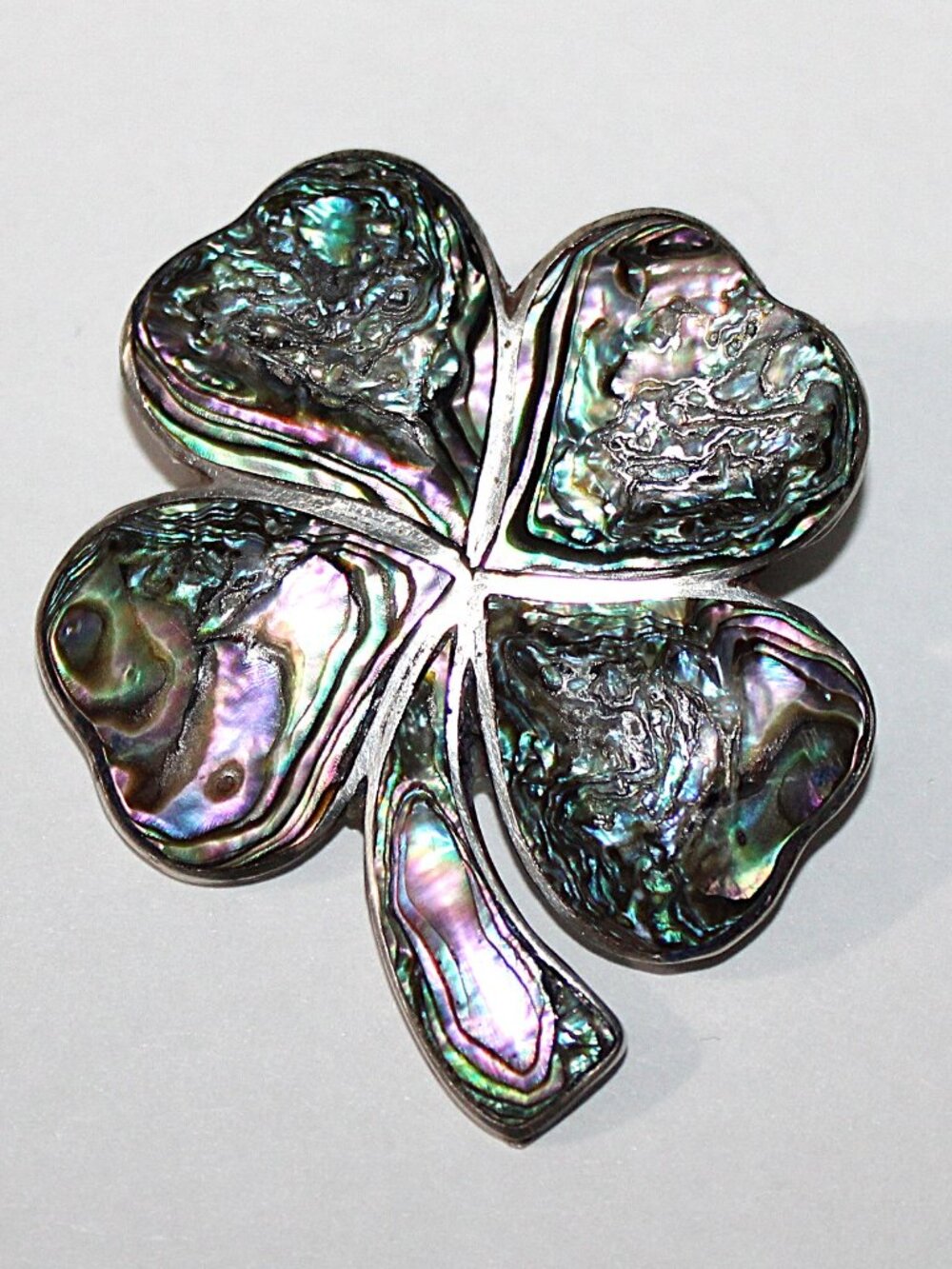 Vintage Sterling Silver Abalone Four Leaf Clover Shamrock Brooch Mexico